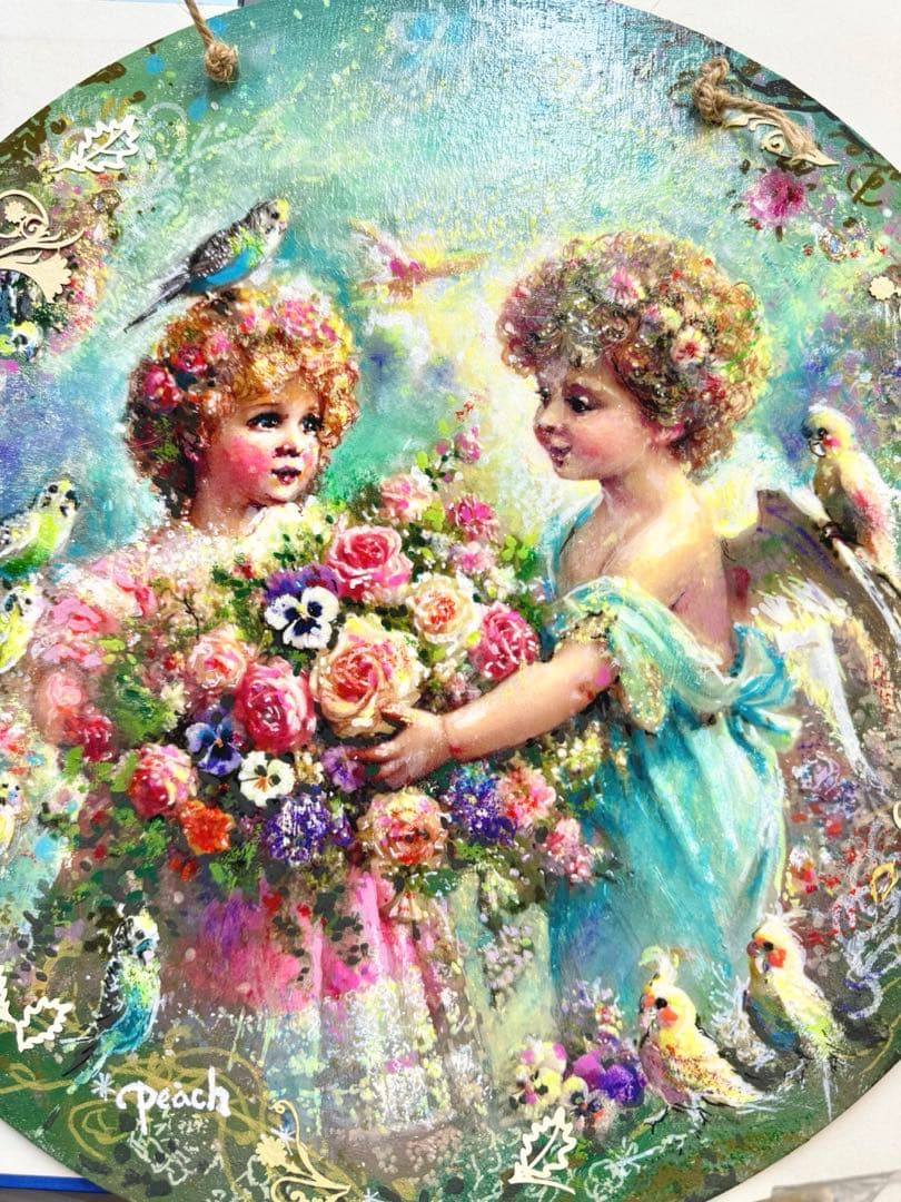 絵画原画《花束に宿る想い》エンジェルギフト　板絵➕collage