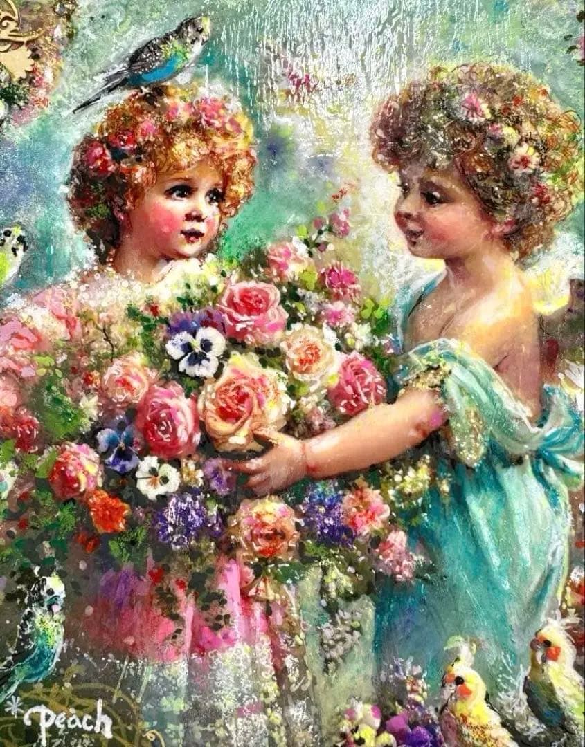 絵画原画《花束に宿る想い》エンジェルギフト　板絵➕collage
