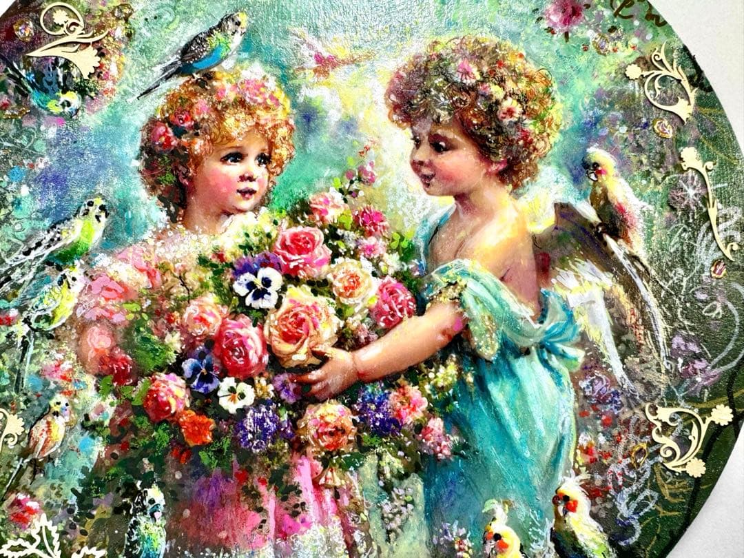 絵画原画《花束に宿る想い》エンジェルギフト　板絵➕collage