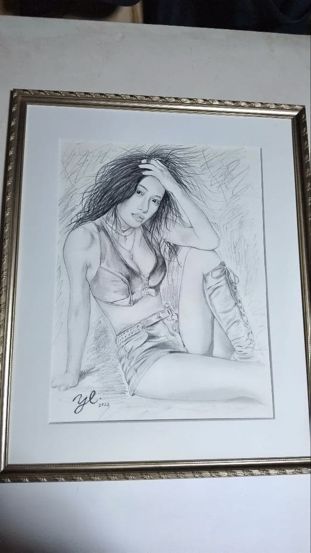 絵画、美人画、裸婦6F、ブーツS、新品額縁、肉筆、真作。