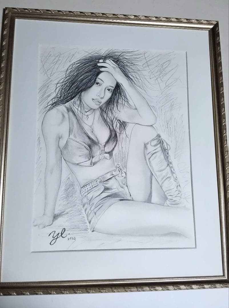 絵画、美人画、裸婦6F、ブーツS、新品額縁、肉筆、真作。