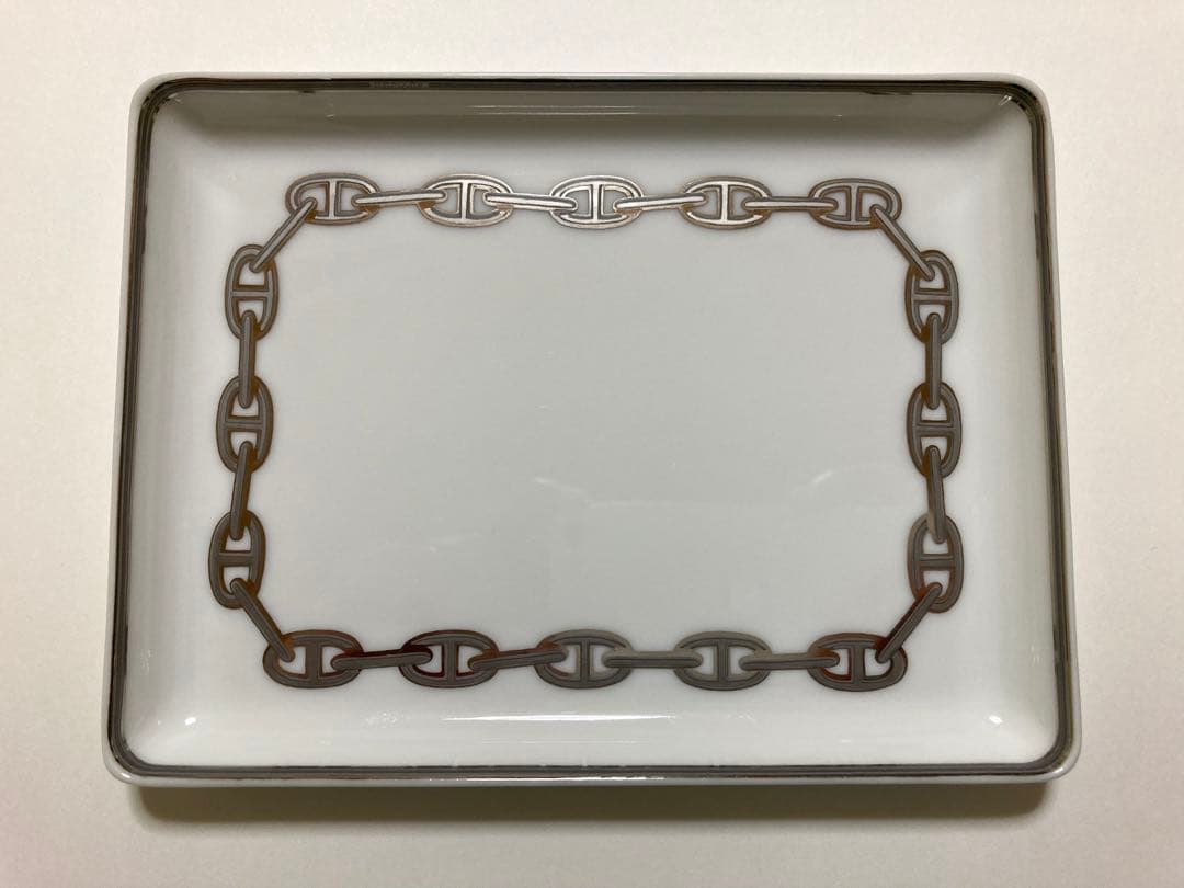 エルメスHERMESシェーヌダンクルプラチナ　長方形皿スクエアプレート陶器トレイ HERMES（エルメス） シェーヌダンクル ブルー スクエアプレート 箱付き