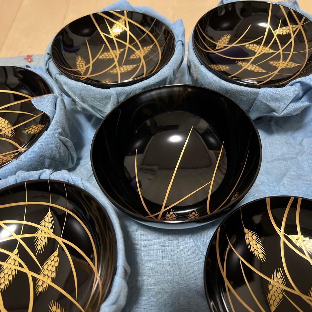 平安 象彦 黒漆塗り 稲穂 金蒔絵 5客セット蓋付き吸物椀 汁椀 木製漆塗 平安象彦 黒漆塗り 稲穂 金蒔絵 吸物椀 5客セット - 生活骨董と古布の