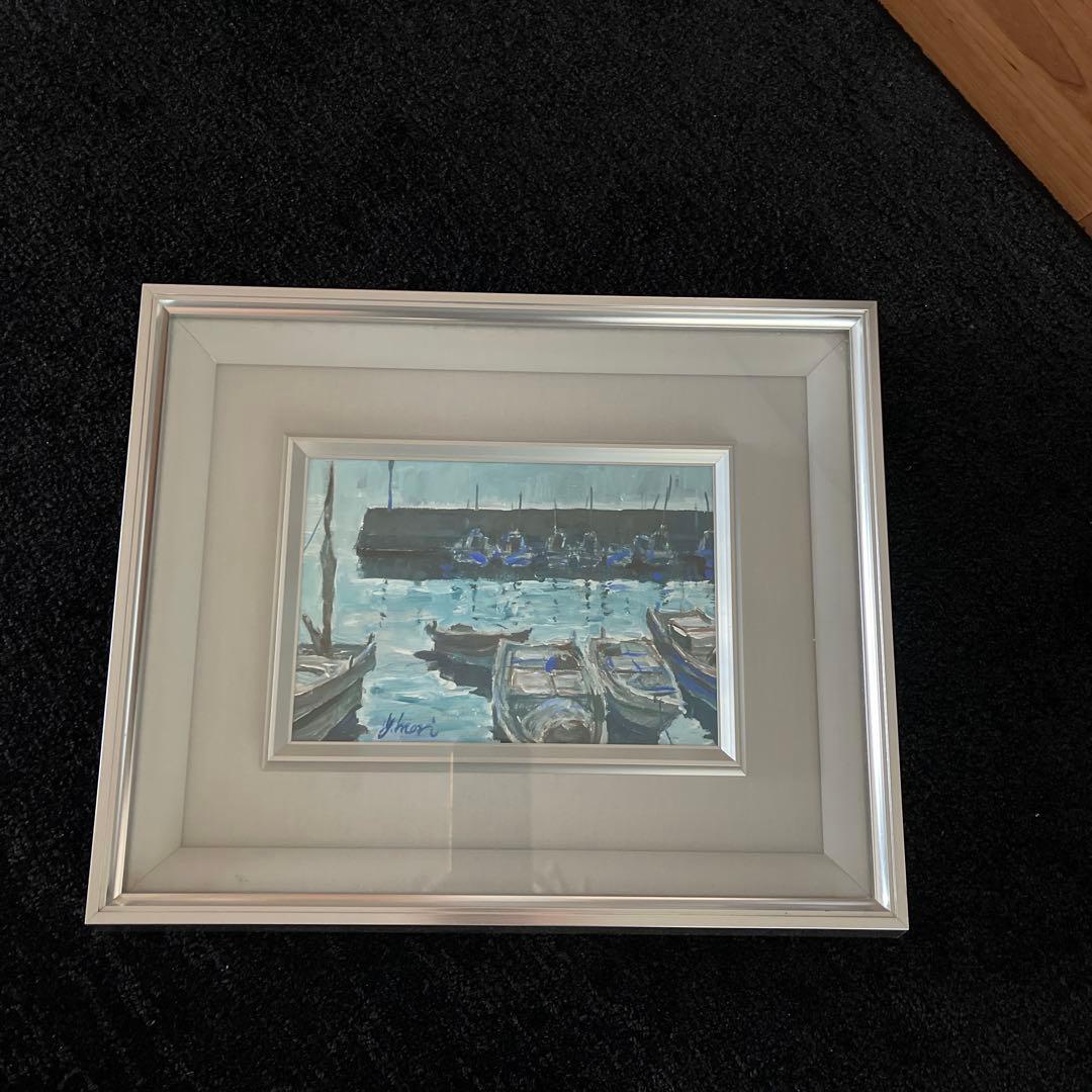 y.mori 港とボートの風景画　シルバー額縁