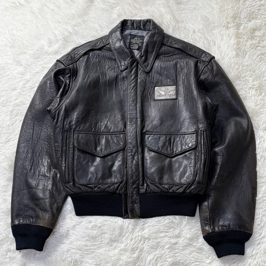 AVIREX A-2 ブラックレザー フライトジャケット メタルプレート 短丈