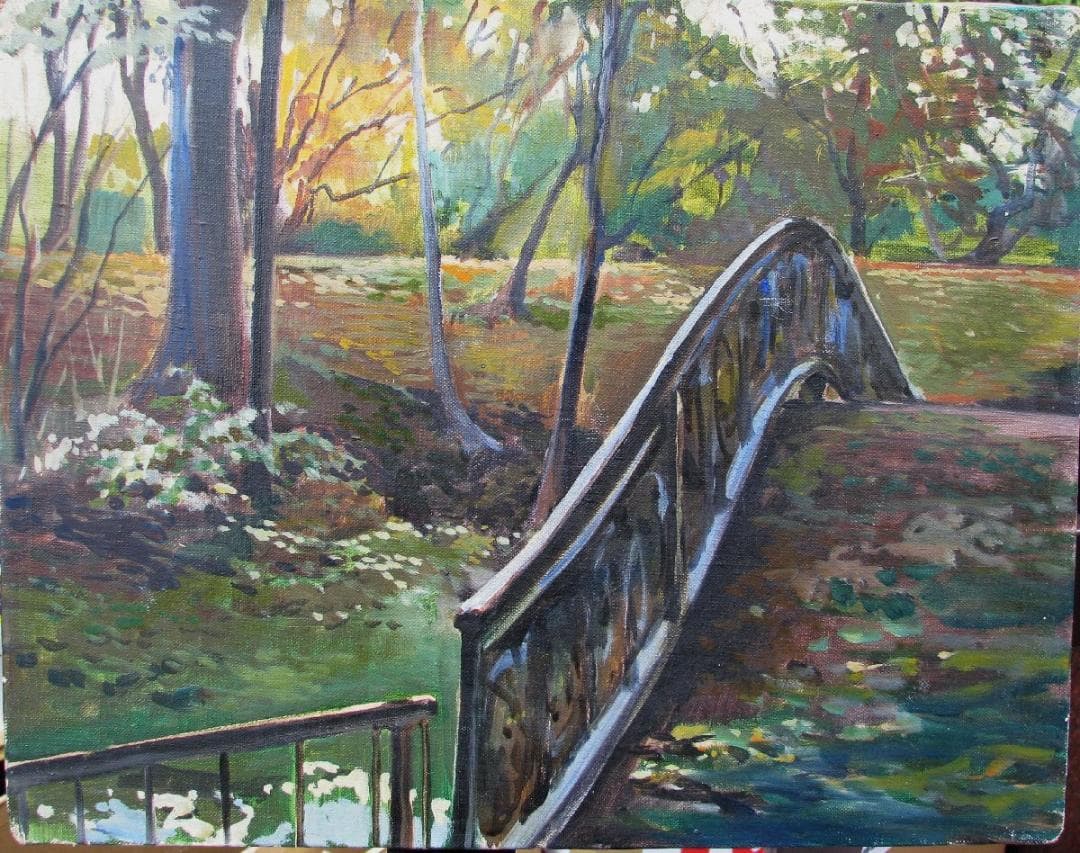 スペインの光と影,檜山健三,橋のたもと,4号油彩,芸大小磯教室,外国の公園風景