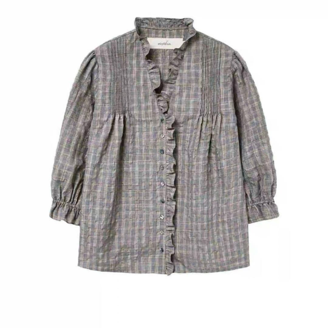 Viaplain チェック柄フリル付き長袖シャツ