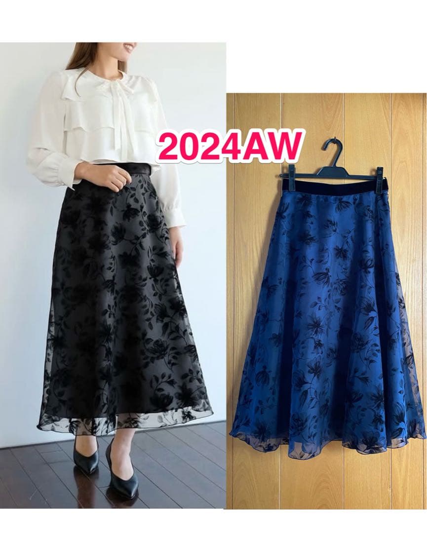 ストロベリーフィールズ　2024AW フロッキー花柄フレアスカート　ネイビー