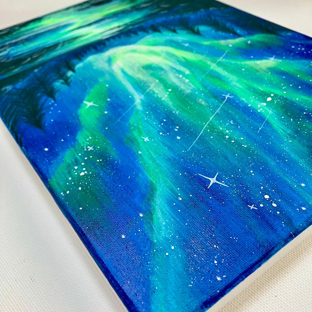 オーロラの夜景＊絵画 原画 風景画 冬 クリスマス 夜空 星空 アクリル