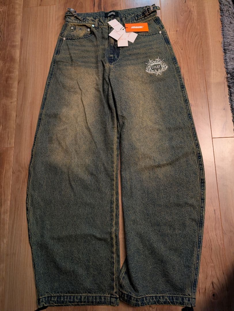 UNISEX ATMARKトライバルクラウン ロゴバギーデニム セットアップ可能