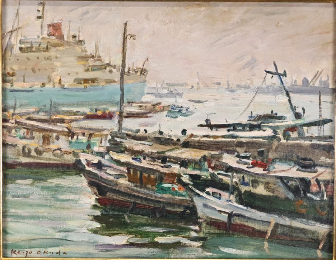 真作 奥田憲三 「 逆光の港 」 F6号 油彩 共シール 一水会員 BJ233