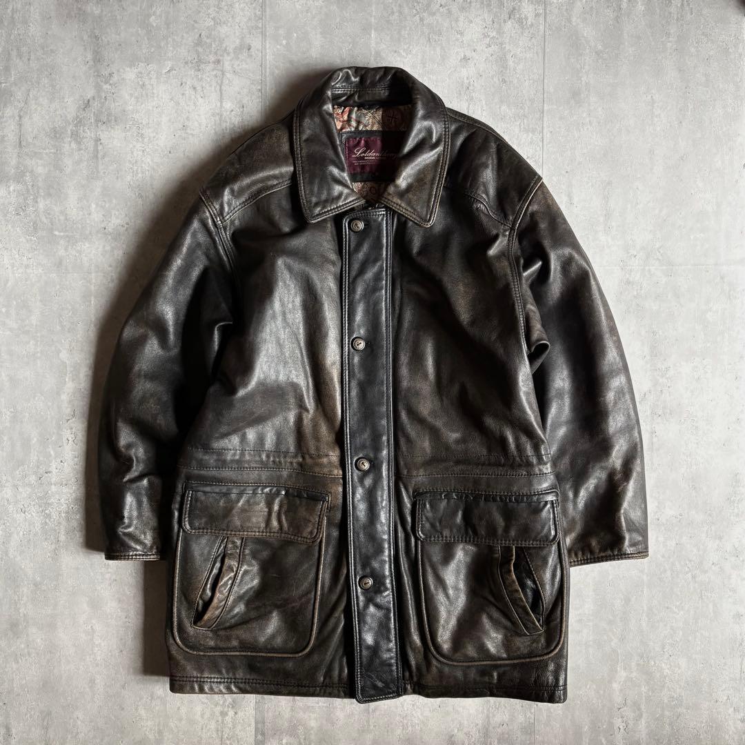 90s vintage】レザーカーコート 裏地柄 セパポケ 鬼フェード 本革