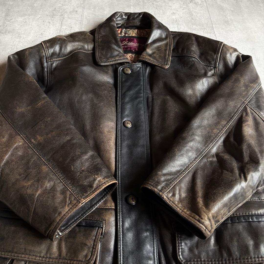 90s vintage】レザーカーコート 裏地柄 セパポケ 鬼フェード 本革