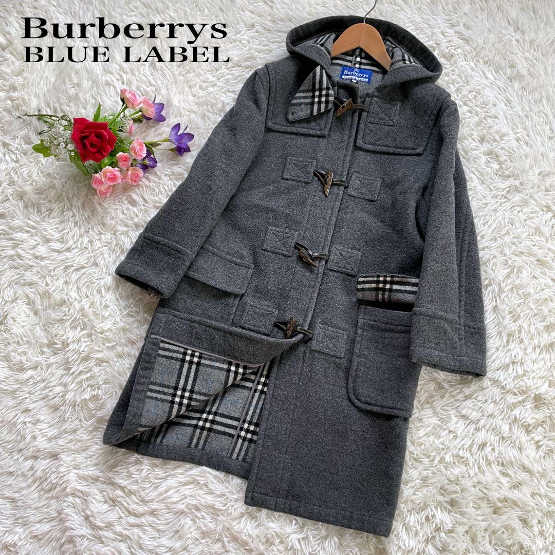 バーバリーブルーレーベルグレーフーデッドダブルコート裏ノバチェック
