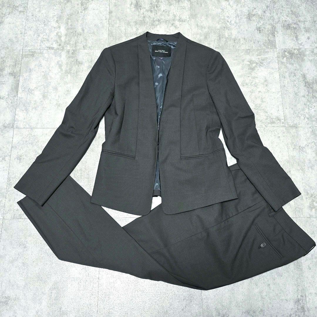 良品 グリーンレーベルリラクシング 42 ノーカラー ウール混 ストレッチ