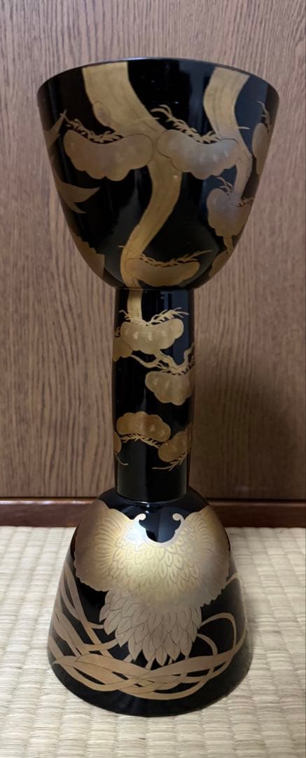 中古　和楽器　蒔絵　鼓　胴　小鼓　木製 小鼓胴 瓢箪葵蒔絵小鼓胴、古革