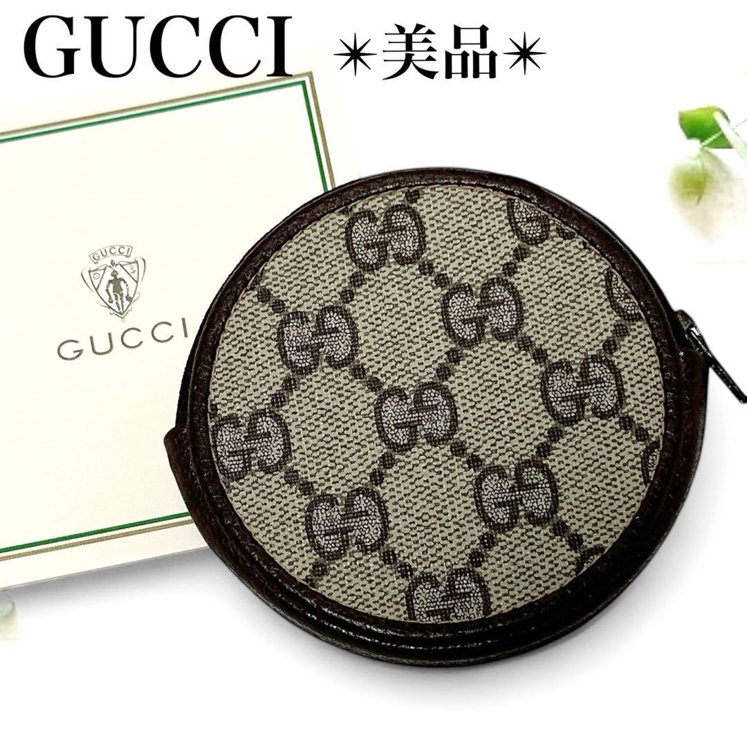 美品✨グッチ GG柄 ケース 小銭入れ ジップ ラウンド型 ブラウン 茶
