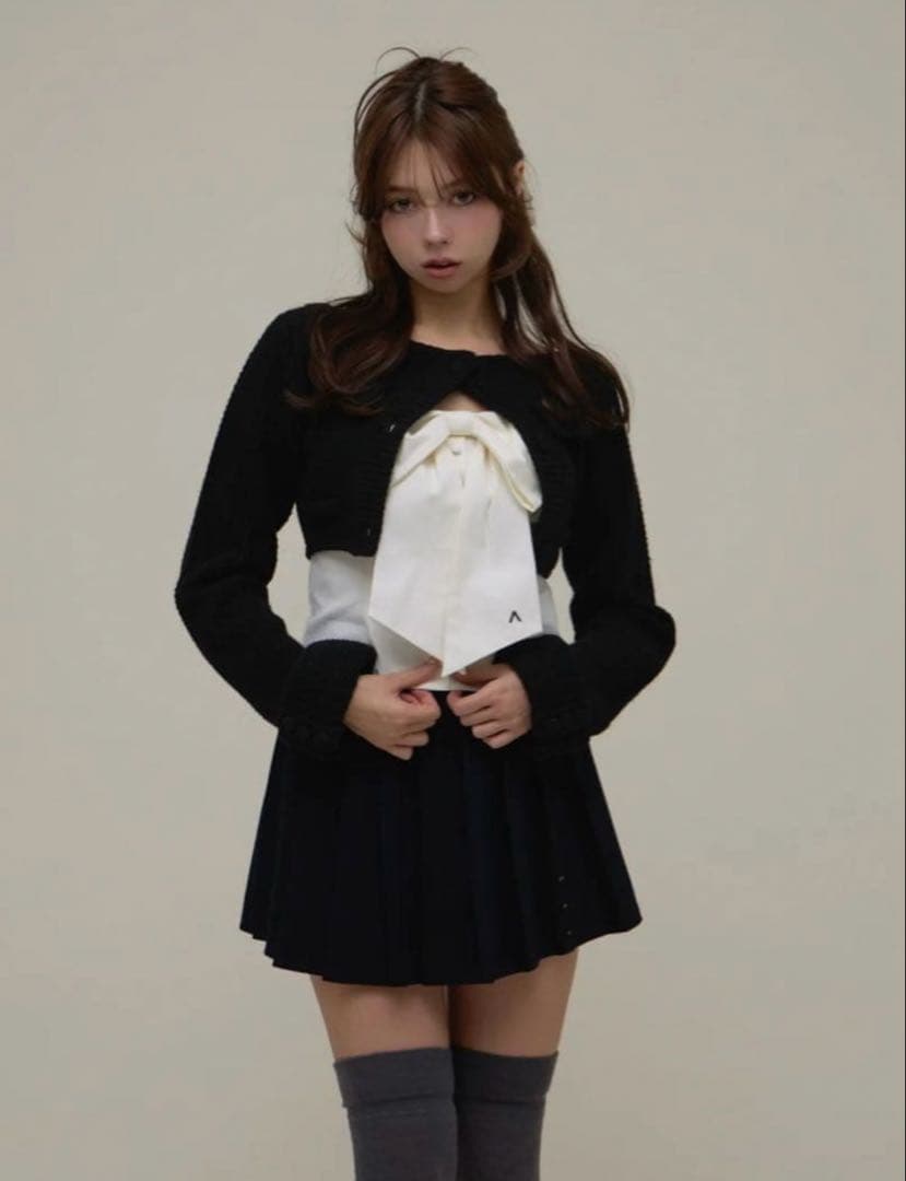 トップス Twiggy tweed ribbon set tops / black