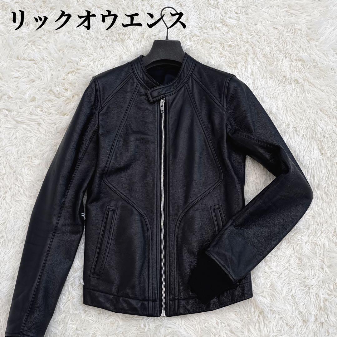 リックオウエンス インターシャ レザージャケット 牛革 ブラック 46 美品 リックオウエンス Rick Owens 13AW INTARSIA HIGH NECK インターシャ