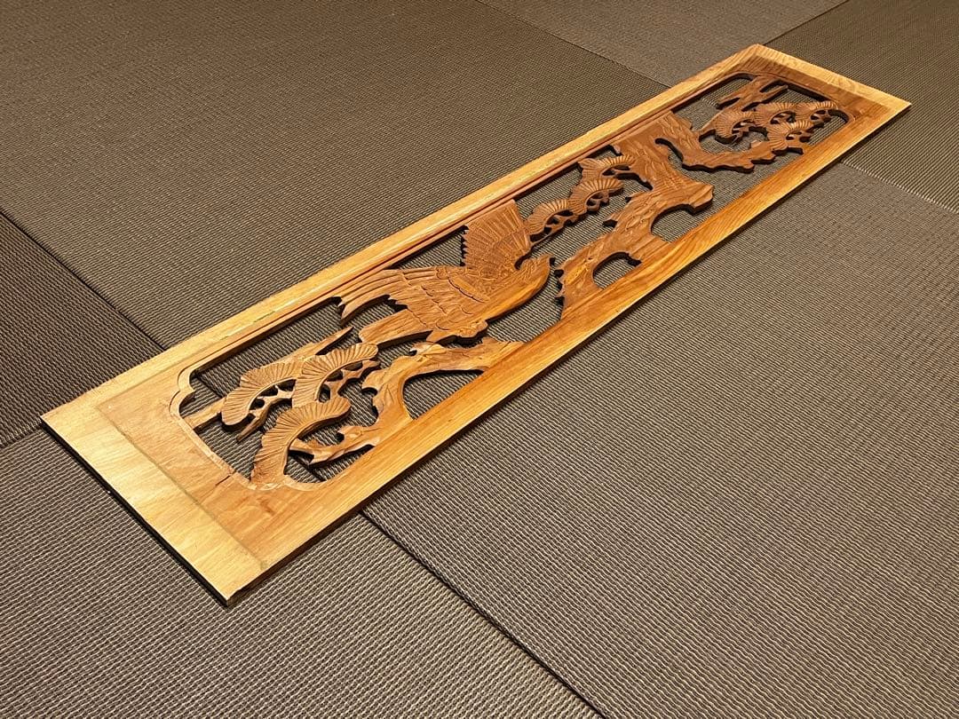 超絶希少★良品 アンティーク建具 木彫りの両面彫刻 欄間（らんま）松に鷹 1枚 タV0093◇【H33cm×W185cm】×2枚◇アンティーク◇分厚い木彫りデザイン
