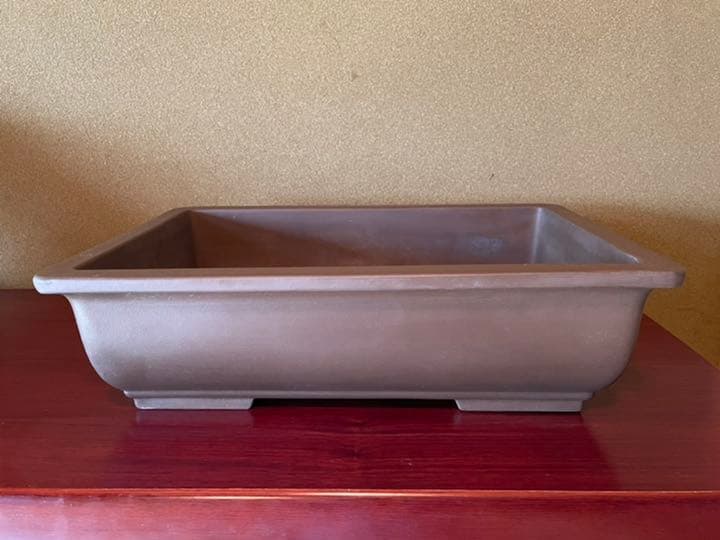 昭和盆栽鉢　紫泥外縁長方鉢切足　「山幸製陶」