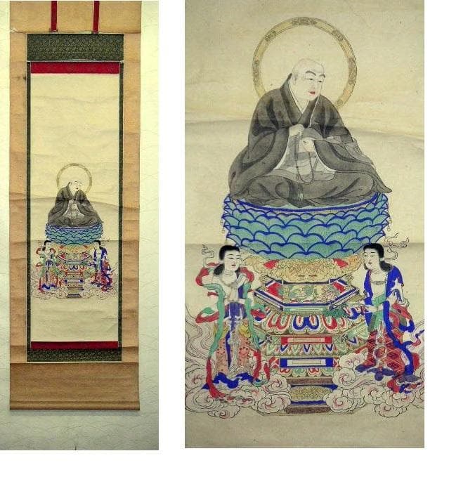 ♥掛軸　【木版画】【 法然上人 】掛け軸　ジャンク　浮世絵　骨董品 掛軸 肉筆 和 山田瑞渓書 （掛け軸 尺五横）幅54cm×丈115cm : 大瑠堂