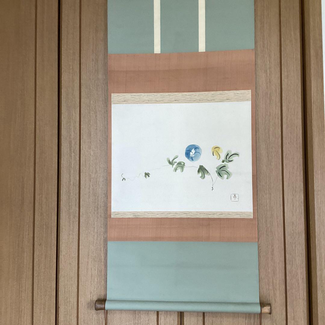 松瀬青々　　紙本彩色画　《朝顔之図》掛軸一幅　軸先竹加工　　肉筆画　234