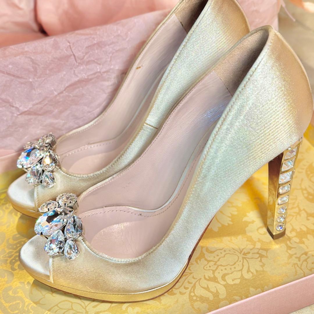 miumiu シルクサテン 37 23.5〜24ビジューオープントゥハイヒール