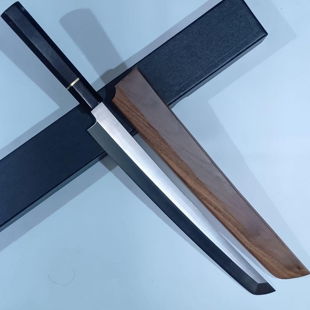 ステン本焼V金10号先丸柳刃包丁30cm黒水牛黒檀八角柄