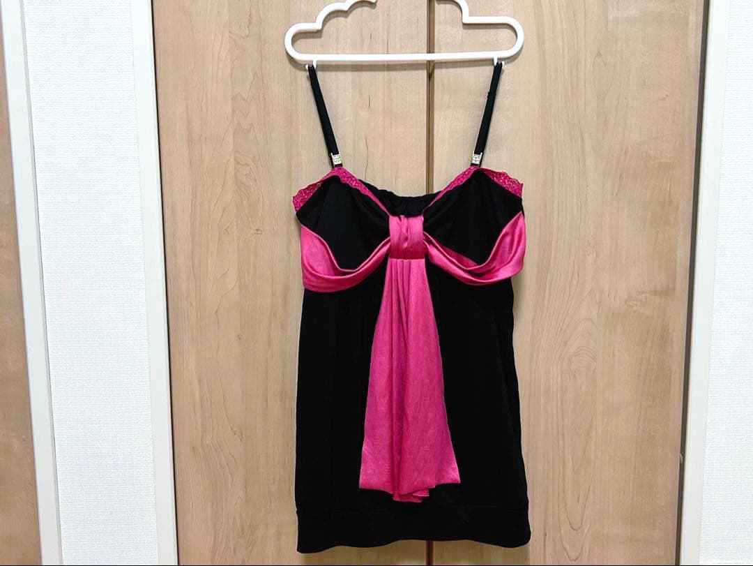 GOLDS♡胸元リボンデザイン♡肩紐ビジュー♡ボウタイドレープ♡キャミトップス黒 セール】【MOMO】肩リボンVネックペプラムビスチェ（キャミソール
