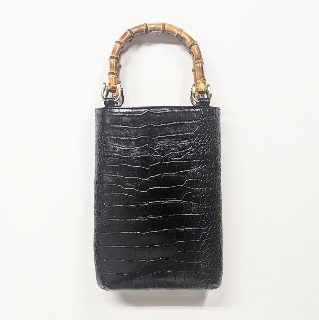牛革クロコ型押し バンブー手提げ 黒色 ◆神輿祭りバッグ竹手合切袋千代掛
