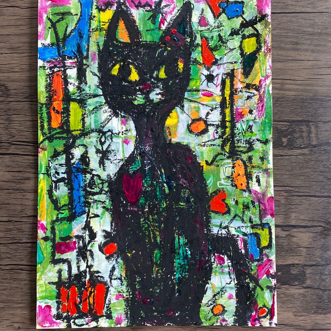黒猫の抽象画 カラフルな背景「live」上質紙B5 アクリル画インテリア猫