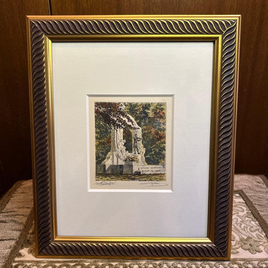 美品作者名有り イタリア製額装 オーストリアヨハン・シュトラウス2世記念像　版画