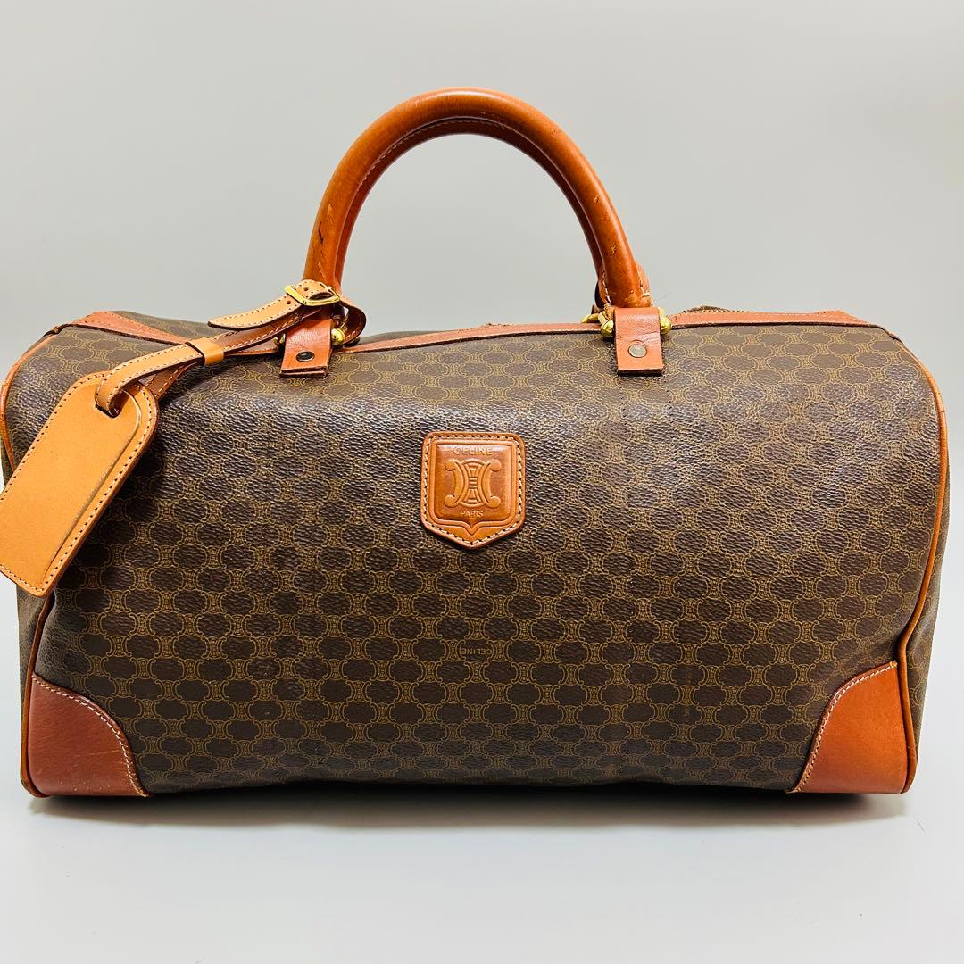 CELINE セリーヌ マカダム柄 PVC ボストンバッグ トラベルバッグ 茶色