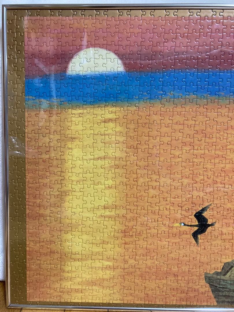 千P⑫夕日にボートと鳥 ジグソーパズル 金属額 長良川の鵜飼？夕暮れに