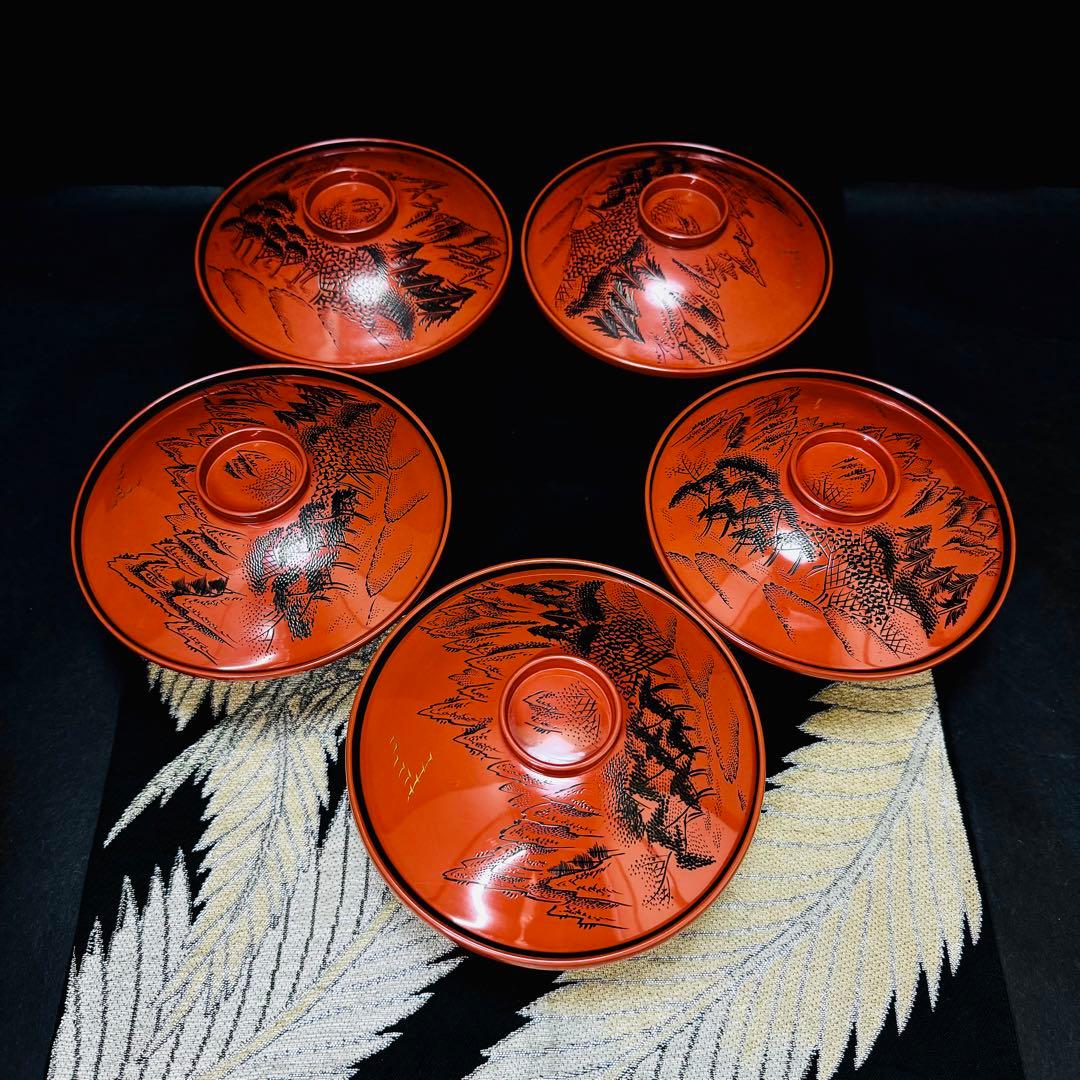 希少品　漆器　輪島塗　金彩細工　蒔絵　木製　蓋付椀　お煮物椀　吸物椀　5客 漆器輪島塗 蒔絵金彩細工 沈金木製 蓋付椀 お煮物椀 吸物椀 10 客