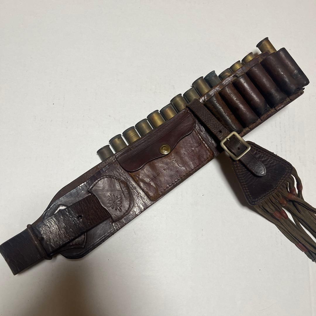 レザー銃弾ベルト　ブラウン フリンジ　ヴィンテージ骨董品