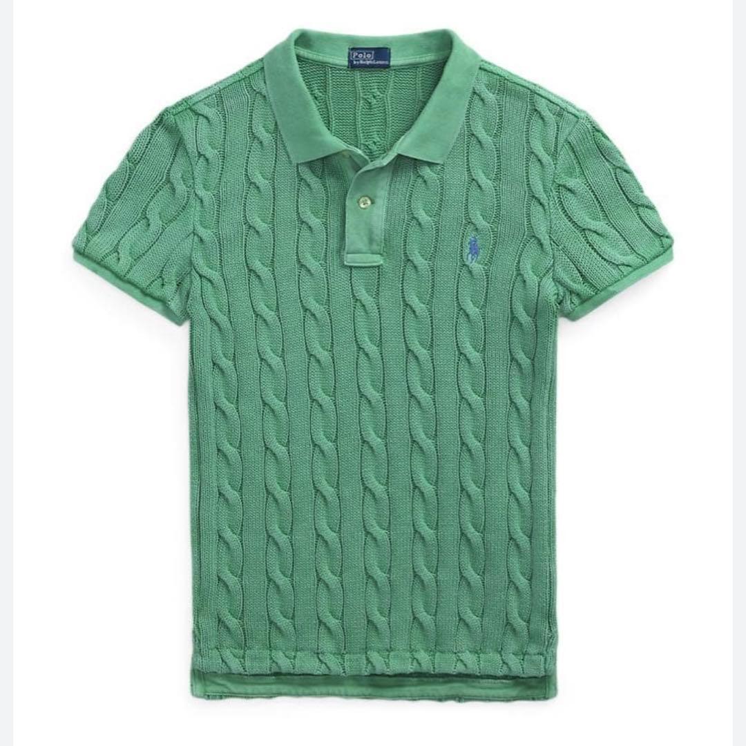 ポロラルフローレン　2025 現行　ケーブルニットポロシャツ　グリーン　L相当