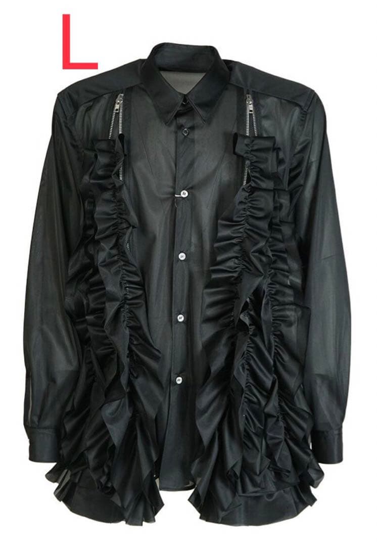 26SS コムデギャルソンオムプリュス　ジップフリルブラウス　シャツ　BK L