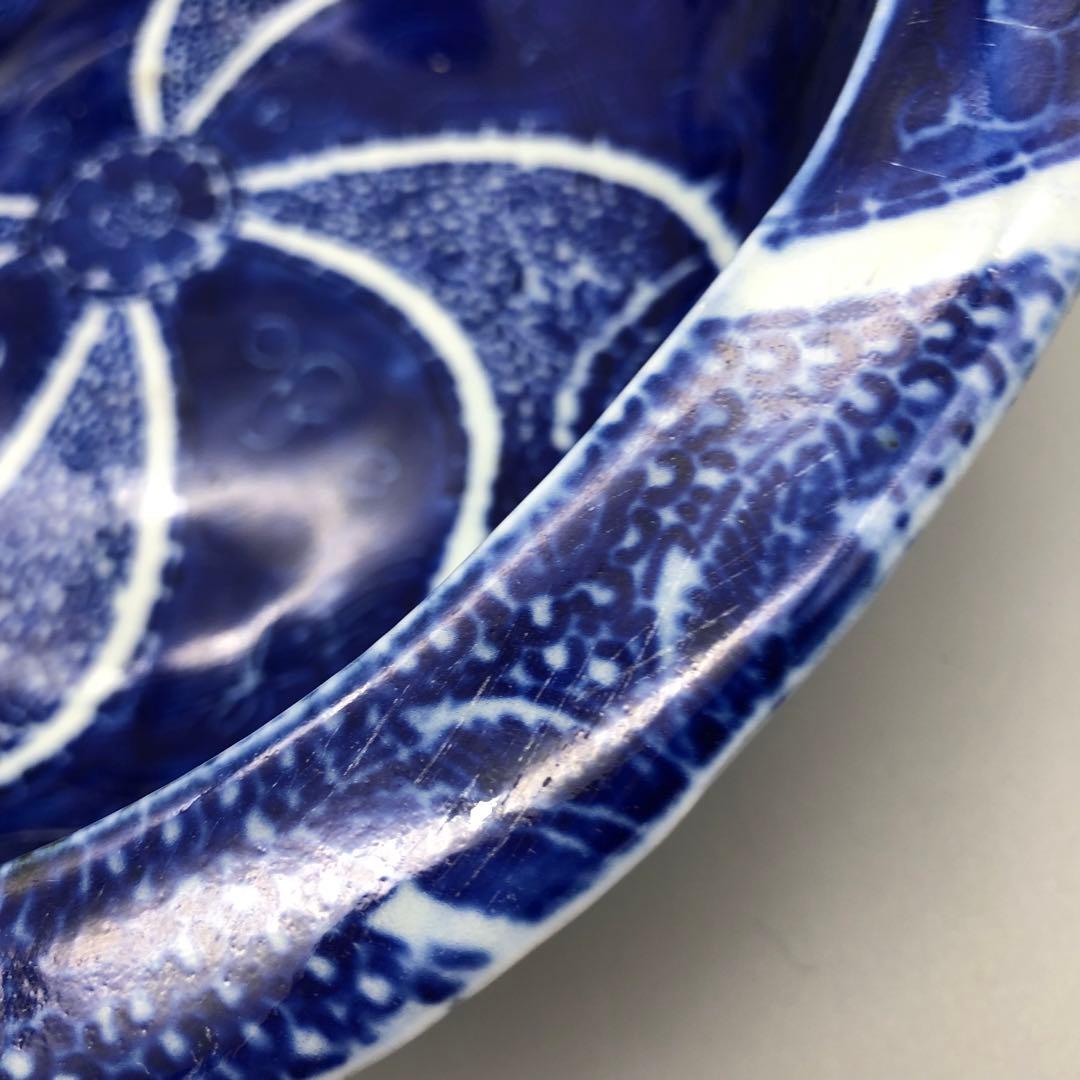 明治時代古伊万里渦巻き花微塵唐草文様ベロ藍印判手鉢ボウル26cm伊万里