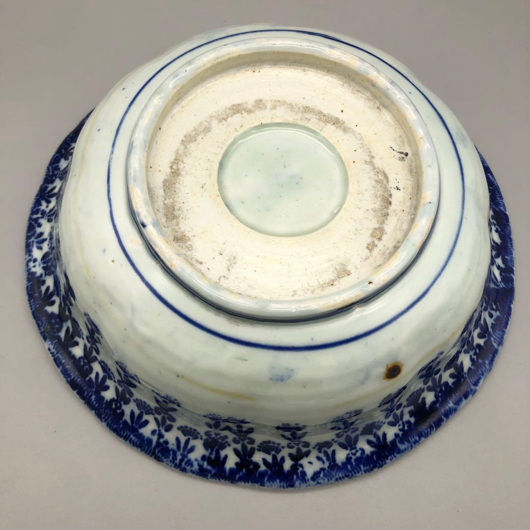 明治時代古伊万里渦巻き花微塵唐草文様ベロ藍印判手鉢ボウル26cm伊万里