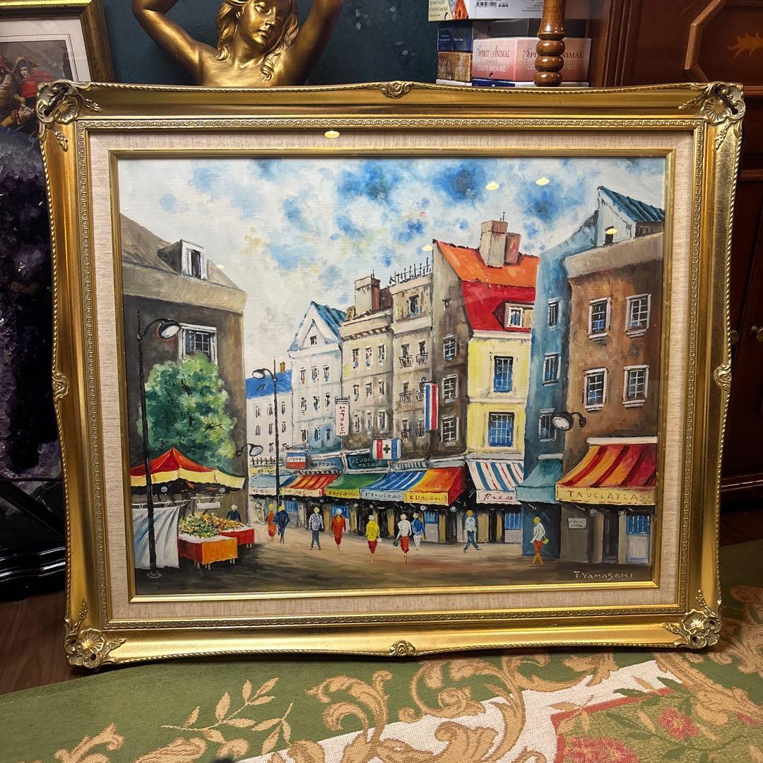アンティーク絵画　パリの街並み　油彩画 キャンバスに描かれたパリの街並みの絵画 フランスのカフェの油絵