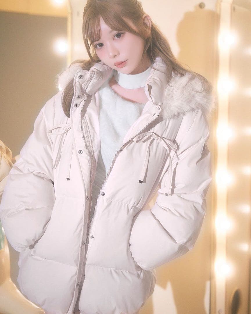 ミシェルマカロン ファーフードリボンダウンコート ピンク - メルカリ