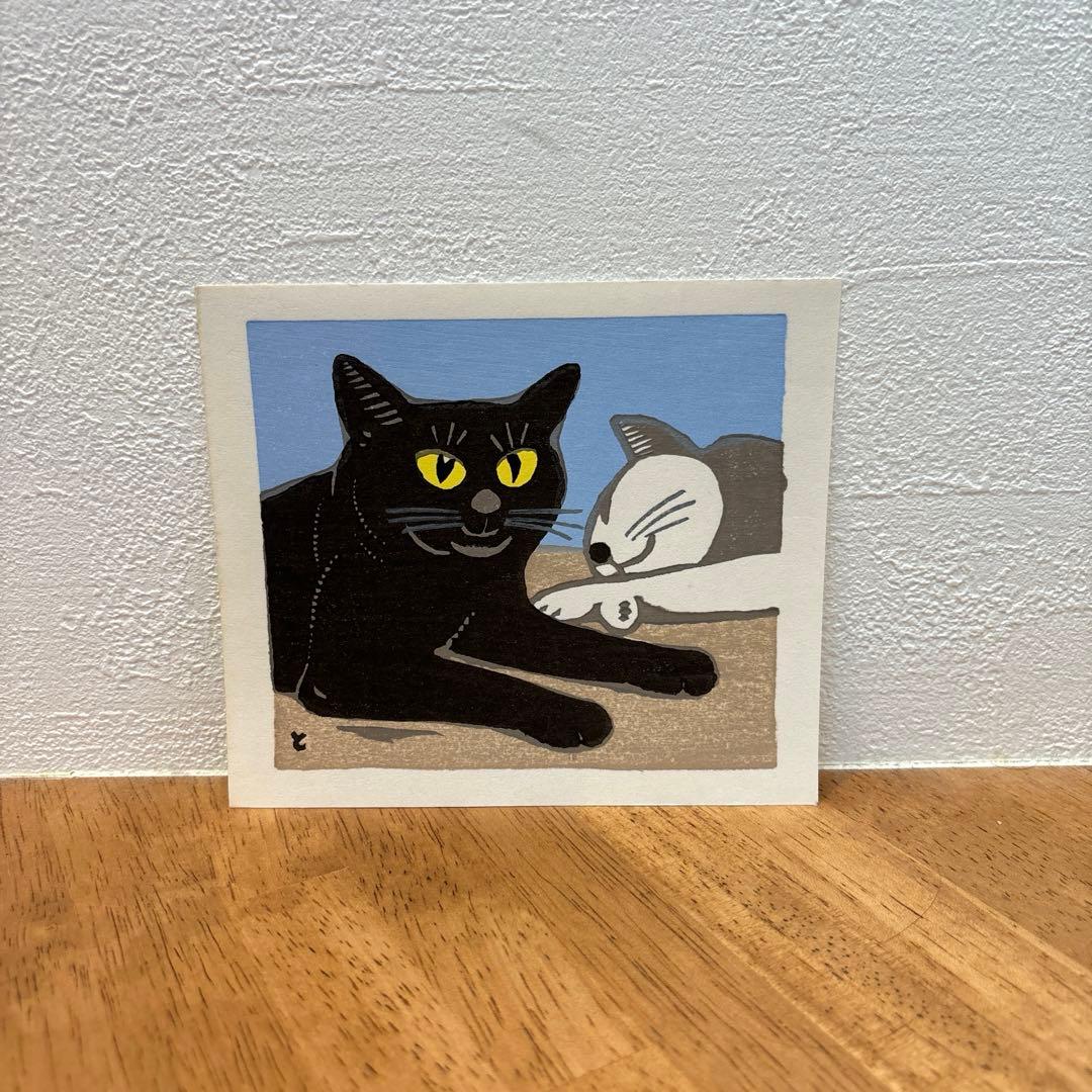稲垣知雄　木版画　「Two Cats - Black and White」