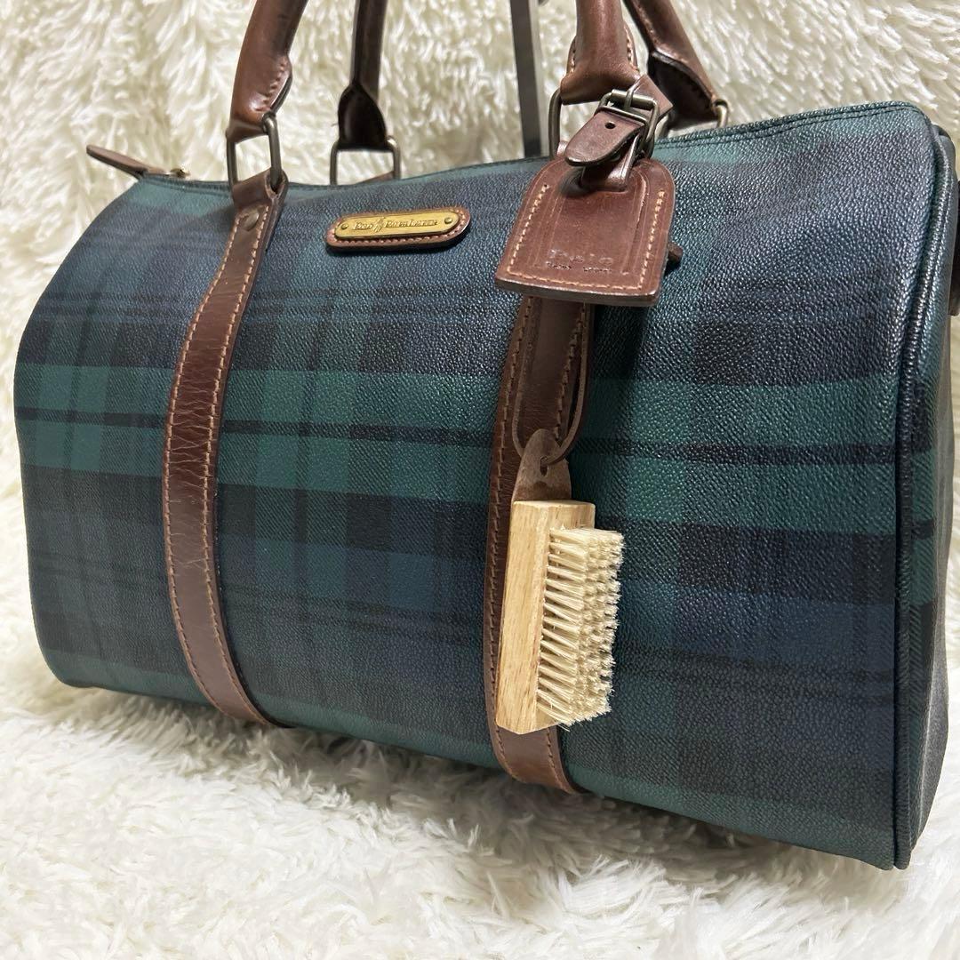 ポロラルフローレン ミニボストンバッグ PVC レザー グリーンチェック