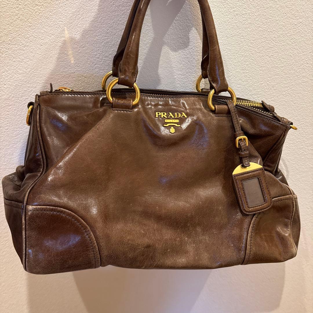 PRADA ブラウンレザー ハンドバッグ　ヴィンテージ加工　プラダ