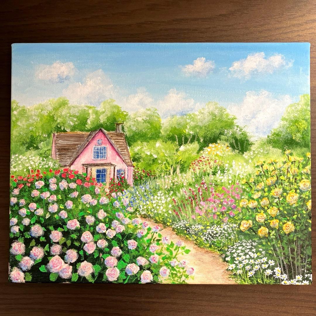 絵画 原画 風景画 花の絵 キャンバス F3 『初夏の花に囲まれたおうち