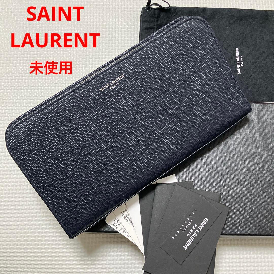 未使用SAINT LAURENTレザーラウンドジップ長財布　ネイビー　箱袋付き