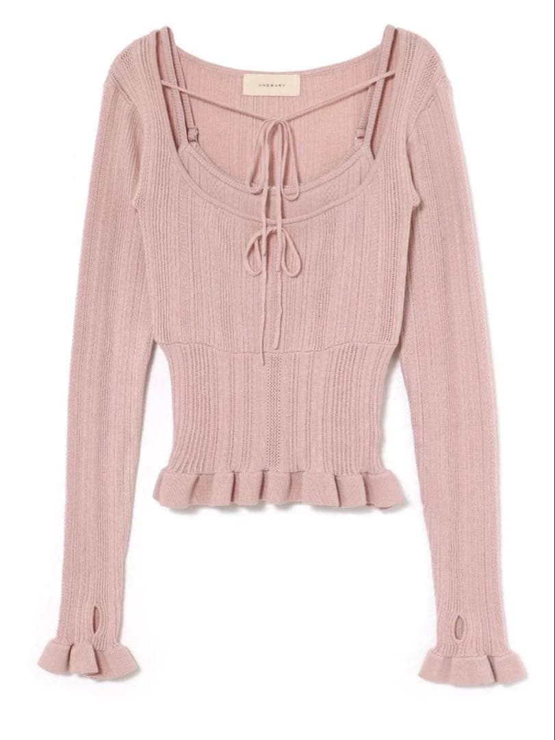 トップス andmary Crochet frill knit tops pink