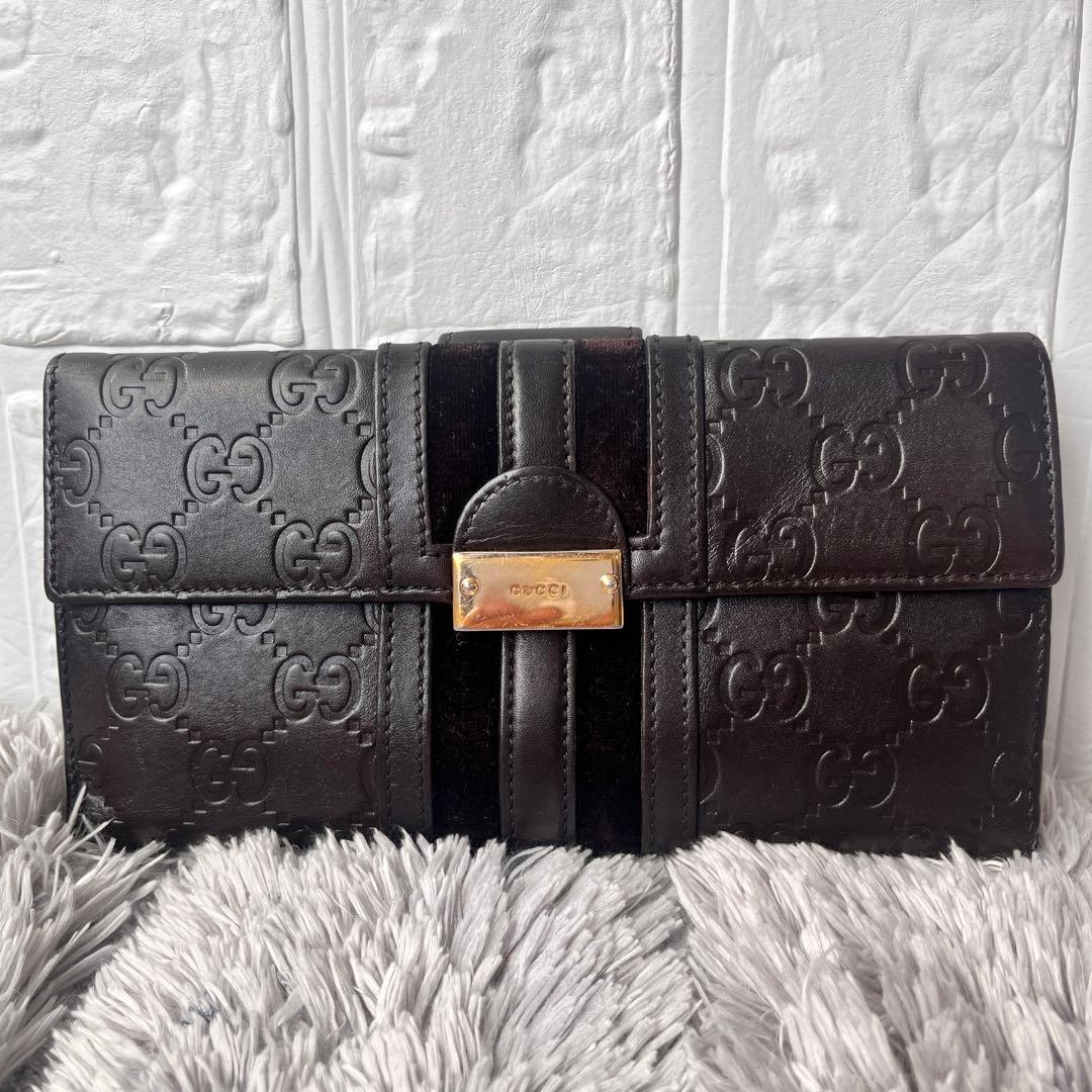 美品✨GUCCI シマ　シェリーライン　ダークブラウン　長財布　ロゴプレート